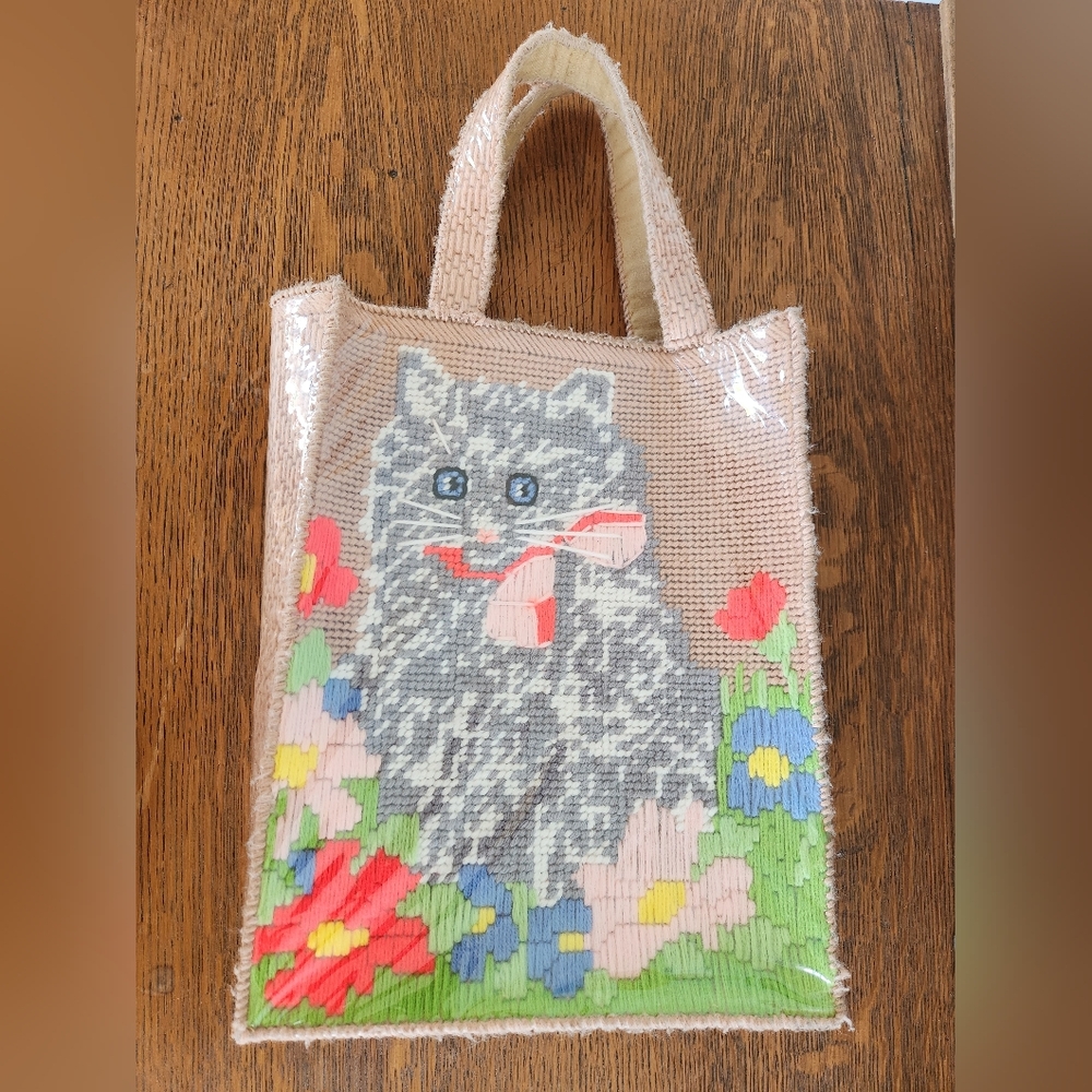 Kitschy Vintage Needlepoint Cat Tote Bag